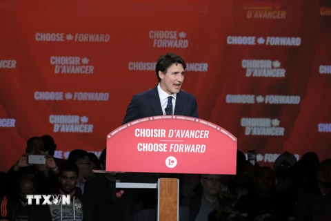 Thủ tướng Canada Justin Trudeau phát biểu tại Montreal ngày 21/10/2019. (Nguồn: THX/TTXVN)