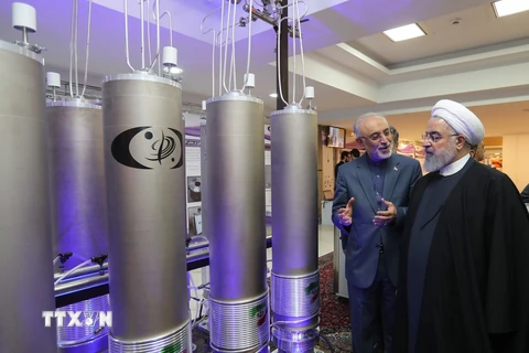 Người đứng đầu Tổ chức Năng lượng nguyên tử Iran (AEOI) Ali Akbar Salehi (trái) báo cáo với Tổng thống Iran Hassan Rouhani (phải) tại một triển lãm nhân Ngày công nghệ hạt nhân ở Tehran ngày 9/4/2019. (Nguồn: AFP/TTXVN)