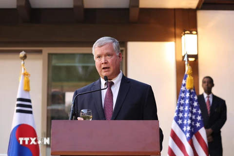 Ảnh tư liệu: Đặc phái viên Mỹ về Triều Tiên Stephen Biegun phát biểu trong một sự kiện ở Washington ngày 2/10/2019. (Nguồn: Yonhap/TTXVN)