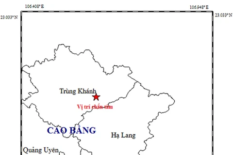 Vị trí chấn tâm của trận động đất thứ hai, nằm trên địa phận huyện Trùng Khánh, tỉnh Cao Bằng. (Nguồn: igp-vast.vn)