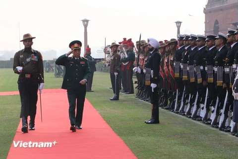 Thượng tướng Phan Văn Giang duyệt đội danh dự quân đội Ấn Độ. (Ảnh: Huy Lê/Vietnam+)