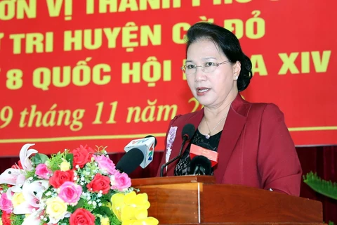 Chủ tịch Quốc hội Nguyễn Thị Kim Ngân phát biểu tại buổi tiếp xúc. (Ảnh: Trọng Đức/TTXVN)