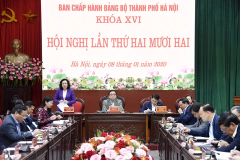 Phó Bí thư Thường trực Thành ủy Ngô Thị Thanh Hằng điều hành phiên làm việc buổi sáng. (Nguồn: hanoi.gov.vn)
