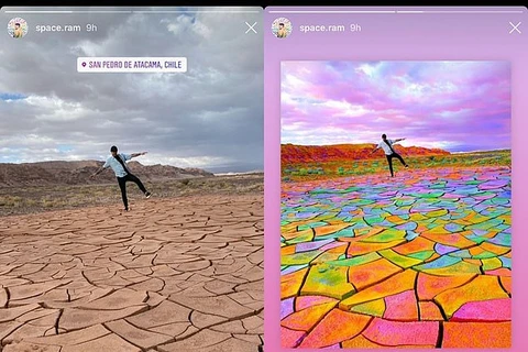 Một bức ảnh đã được chỉnh sửa cho mục đích nghệ thuật bên cảnh bức ảnh gốc đăng trên Instagram, bị gắn cờ thông tin sai lệch.