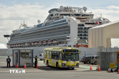 Xe buýt chở hành khách trên du thuyền Diamond Princess rời cảng ở Yokohama, Nhật Bản, ngày 19/2/2020. (Nguồn: AFP/TTXVN)