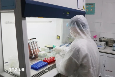 Kỹ thuật viên khoa Sinh học phân tử, Bệnh viện Trung ương Thái Nguyên thực hiện thử nghiệm thiết bị xét nghiệm chẩn đoán SARS CoV-2. Ảnh minh họa. (Ảnh: Hoàng Nguyên/TTXVN)