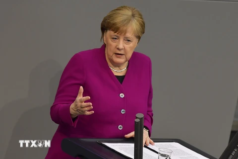 Thủ tướng Đức Angela Merkel phát biểu tại Berlin, Đức. (Nguồn: AFP/TTXVN)