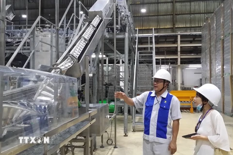 Dây chuyền tự động súc rửa vỏ lon trước khi đưa vào hệ thống chiết rót bia tự động tại nhà máy bia Sapporo Việt Nam. (Ảnh: Minh Hưng/TTXVN)