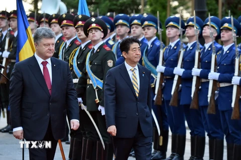 Tổng thống Ukraine Petro Poroshenko và Thủ tướng Nhật Bản Shinzo Abe duyệt đội danh dự tại Kiev ngày 6/6. (Nguồn: AFP/ TTXVN)