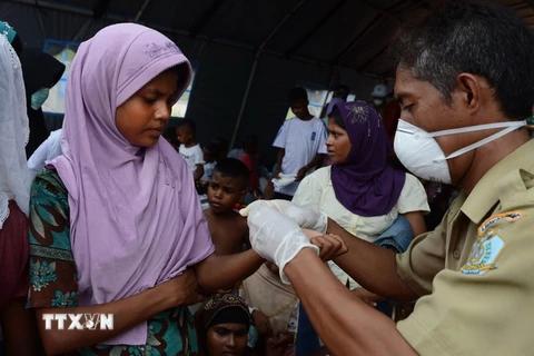 Người di cư từ Myanmar tại lều tạm ở Kuala Langsa, tỉnh Aceh, Indonesia ngày 16/5, sau khi được cứu sống trên biển. (Nguồn: AFP/TTXVN)
