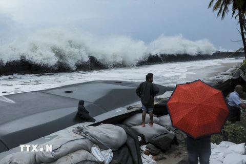 Người dân đặt bao cát ngăn các con sóng lớn do ảnh hưởng của bão Maha tại Chellanam, Ấn Độ. (Nguồn: AFP/TTXVN)
