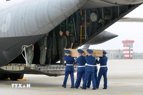 Binh sỹ Ukraine chuyển quan tài các nạn nhân cuối cùng của vụ rơi máy bay MH17 lên máy bay của Không lực Hoàng gia Hà Lan. (Nguồn: AFP/TTXVN)