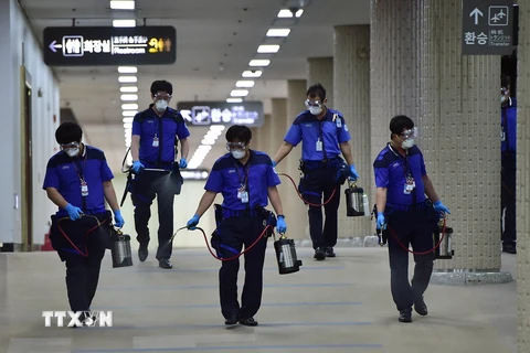 Nhân viên y tế Hàn Quốc phun thuốc khử trùng để ngăn chặn sự lây lan của MERS tại sân bay quốc tế Gimpo thủ đô Seoul ngày 17/6. (Nguồn: AFP/TTXVN)