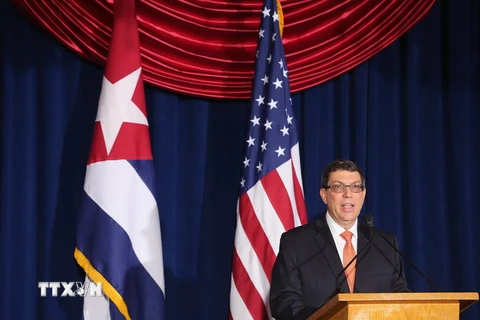 Ngoại trưởng Cuba Bruno Rodriguez tại buổi lễ mở lại đại sứ quán Cuba tại Mỹ. (Nguồn: AFP/TTXVN)