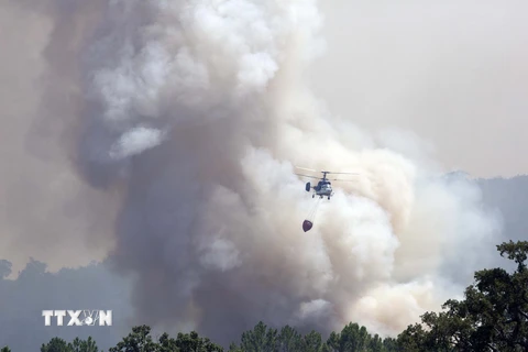 Máy bay chữa cháy tham gia dập đám cháy rừng gần làng Hoyos, Tây Ban Nha. (Nguồn: AFP/TTXVN)