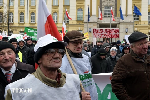 Nông dân Ba Lan biểu tình do bị thiệt hại trước những biện pháp trả đũa kinh tế của Nga. (Nguồn: AFP/TTXVN)