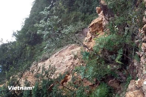700 m3 đất đá sạt xuống gây ách tắc Quốc lộ 4D. (Ảnh: Công Hải/Vietnam+)