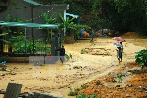 Nước lũ từ trên đồi đổ xuống nhà các hộ dân tại phường Hồng Hà (Hạ Long). (Ảnh: Nguyễn Hoàng/TTXVN)