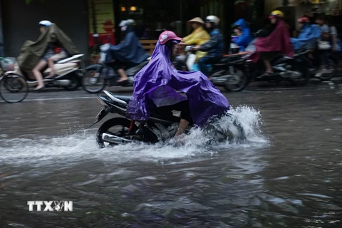 Cảnh ngập lụt tại phố Giang Văn Minh sau cơn mưa ngày 8/9. (Ảnh: Huy Hùng/TTXVN)