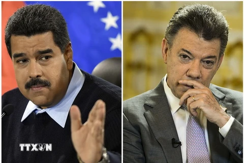 Tổng thống Colombia Juan Manuel Santos (phải) tại Bogota ngày 4/6 và Tổng thống Venezuela Nicolas Maduro (trái) tại Caracas ngày 24/8. (Nguồn: AFP/TTXVN)