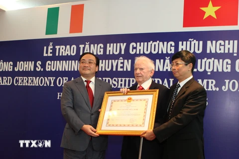Phó Thủ tướng Hoàng Trung Hải trao tặng Huân chương chương Hữu nghị cho chuyên gia năng lượng Ireland John S.Gunning. (Ảnh: Ngọc Hà/TTXVN)