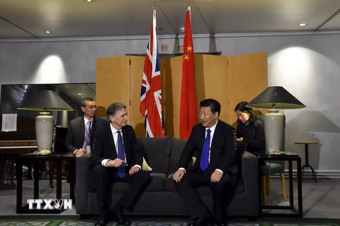 Ngoại trưởng Anh Philip Hammond (trái) và Chủ tịch Trung Quốc Tập Cận Bình trong cuộc gặp tại London ngày 19/10. (Nguồn: AFP/TTXVN)