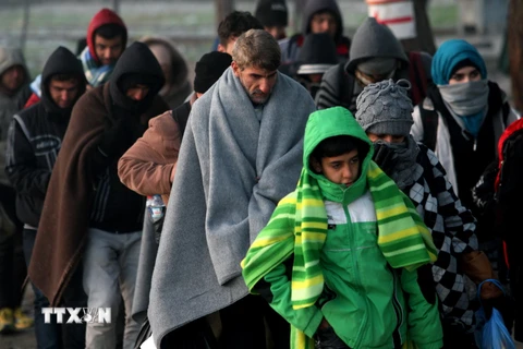 Người di cư vượt qua biên giới Hy Lạp-Macedonia tới gần làng Idomeni, phía bắc Hy Lạp. (Nguồn: AFP/TTXVN)