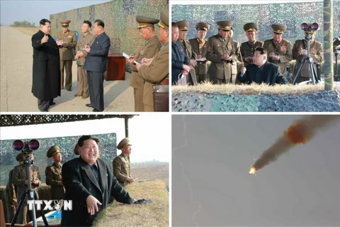 Nhà lãnh đạo Triều Tiên Kim Jong-un thị sát một cuộc diễn tập của các đơn vị phòng không Triều Tiên tại khu vực tiền tuyến phía Tây. (Nguồn: Yonhap/TTXVN)