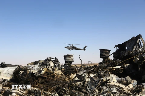 Mảnh vỡ máy bay A321 tại hiện trường ở Hassana, gần thành phố Arish, phía bắc Ai Cập. (Nguồn: THX/TTXVN)