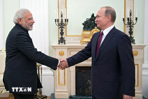Tổng thống Nga Vladimir Putin (phải) tại cuộc gặp với Thủ tướng Ấn Độ Narendra Modi. (Nguồn: AFP/TTXVN)