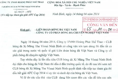 Vissai Ninh Bình chính thức xác nhận rời V-League 2014