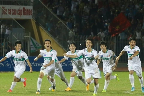 Văn Toàn, Công Phượng, Tiến Dũng... ăn mừng thắng lợi trước U21 Việt Nam trên chấm luân lưu trong trận đấu hồi năm ngoái. (Ảnh: Minh Chiến/Vietnam+)