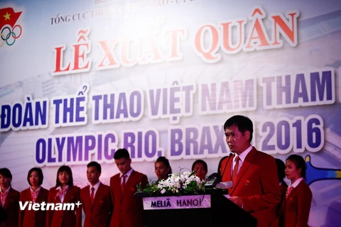 Đoàn thể thao Việt Nam trong lễ ra mắt đi Olympic Rio 2016. (Ảnh: Minh Chiến/Vietnam+)