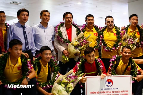 Phó Chủ tịch VFF Trần Quốc Tuấn (áo xanh) và Tổng thư ký Lê Hoài Anh (áo xanh, đeo cà vạt) trực tiếp ra đón tuyển Futsal Việt Nam trở về. (Ảnh: Minh Chiến/Vietnam+)