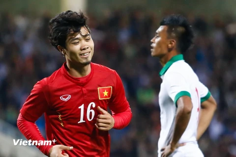 Công Phượng ghi bàn ở phút 70, gỡ hòa 2-2 cho tuyển Việt Nam trước Indonesia trong trận giao hữu tại Mỹ Đình. (Ảnh: Minh Chiến/Vietnam+)