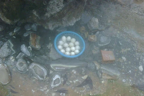 Luộc trứng ở suối Bang. (Nguồn: quangbinh.gov.vn)