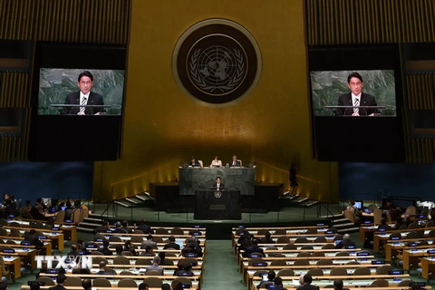 Ngoại trưởng Nhật Bản Fumio Kishida phát biểu tại hội nghị kiểm điểm thực hiện NPT. (Nguồn: AFP/TTXVN)