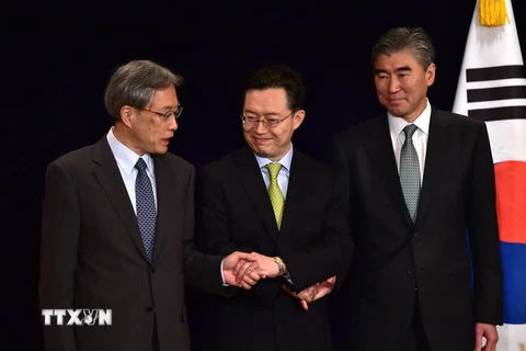 Cuộc tham vấn cấp cao 3 bên Hàn Quốc-Mỹ-Nhật Bản về diễn biến mới liên quan đến Triều Tiên. (Nguồn: AFP/TTXVN)