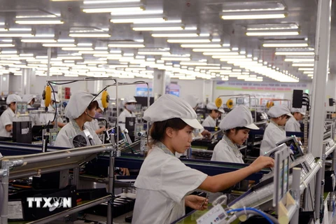 Sản xuất điện thoại di động tại Công ty Điện tử Samsung Việt Nam Thái Nguyên (SEVT), doanh nghiệp 100% vốn đầu tư của Hàn Quốc. (Ảnh: Danh Lam/TTXVN)