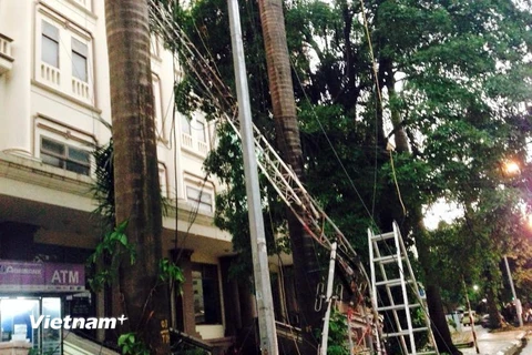 Gió thổi bay cả cột viễn thông ở Linh Đàm. (Nguồn: Vietnam+)