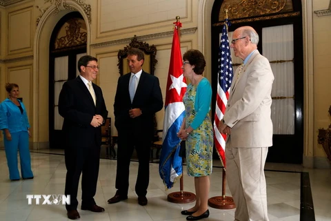 Ngoại trưởng Cuba Bruno Rodriguez (trái) và các Thượng nghị sỹ Mỹ tại cuộc gặp ở La Habana ngày 13/6. (Nguồn: AFP/TTXVN)