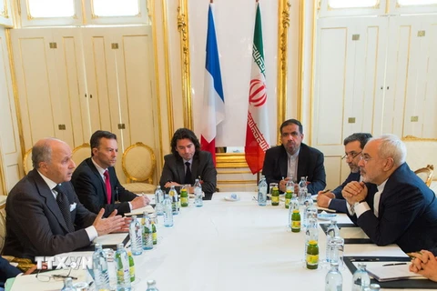 Ngoại trưởng Pháp Laurent Fabius (trái) và Ngoại trưởng Iran Mohammad Javad Zarif (phải) tại vòng đàm phán ở Vienna ngày 27/6. (Nguồn: AFP/TTXVN)