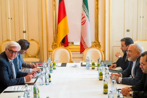 Ngoại trưởng Đức Frank-Walter Steinmeier (trái) và Ngoại trưởng Iran Mohammad Javad Zarif (phải) tại cuộc gặp ở Vienna (Áo), trước khi bắt đầu vòng đàm phán. (Nguồn: AFP/TTXVN)