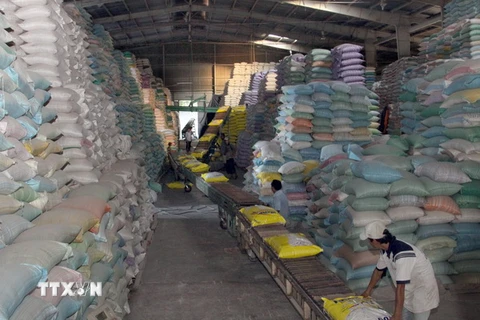 Một góc kho gạo dự trữ để chế biến xuất khẩu tại Khu công nghiệp Trà Nóc1 (Cần Thơ). (Ảnh: Đình Huệ/TTXVN)