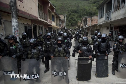 Cảnh sát và binh sỹ Colombia làm nhiệm vụ tại làng El Mango thuộc thành phố Argelia ngày 27/6. (Nguồn: AFP/TTXVN)