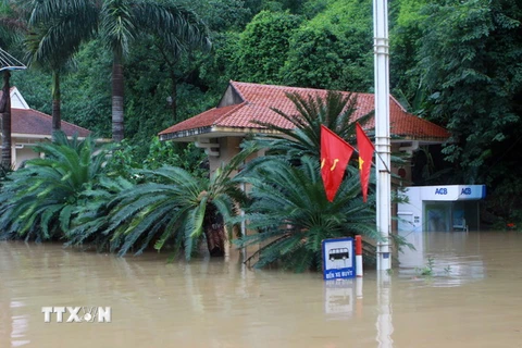 Nước ngập sâu tại khu vực dốc đèo Bụt, phường Hà Phong. (Ảnh: Minh Quyết/TTXVN)