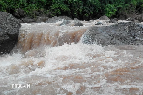 Nước suối Nậm Cuổi, xã Nậm Cuổi, huyện Sìn Hồ, Lai Châu dâng cao và chảy xiết sau những đợt mưa lớn. (Ảnh: Nguyễn Công Hải/TTXVN)