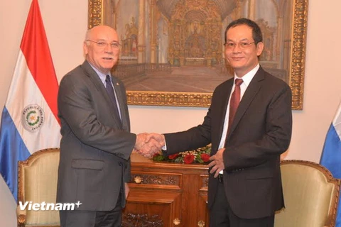 Ngoai trưởng Eladio Loizaga tiếp Đại sứ Nguyễn Đình Thao. (Ảnh: Diệu Hương/Vietnam+)