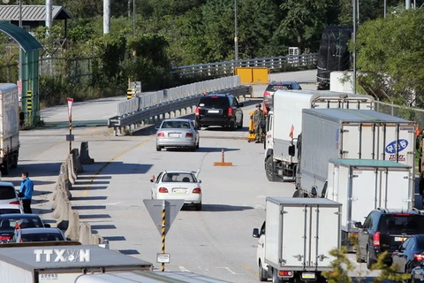 Xe ôtô của Hàn Quốc qua thành phố Paju, tỉnh Gyeonggi tới khu công nghiệp chung Kaesong ngày 16/9. (Nguồn: AFP/TTXVN)