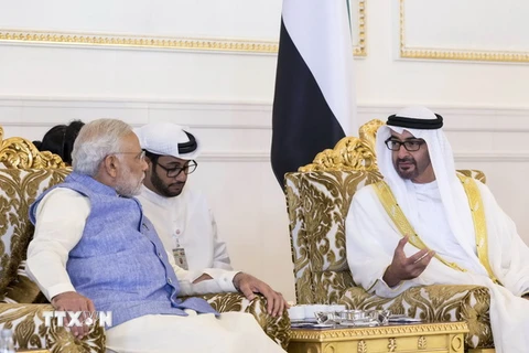Thái tử các Tiểu vương quốc Arab thống nhất (UAE) Sheikh Mohamed bin Zayed Al Nahyan (phải) có cuộc gặp với Thủ tướng Ấn Độ Narendra Modi. (Nguồn: AFP/TTXVN)